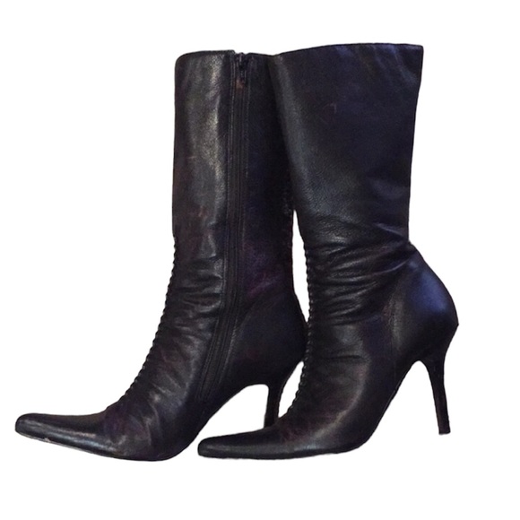 Mid calf leather heel dark chocolate brown boots - Picture 1 of 8